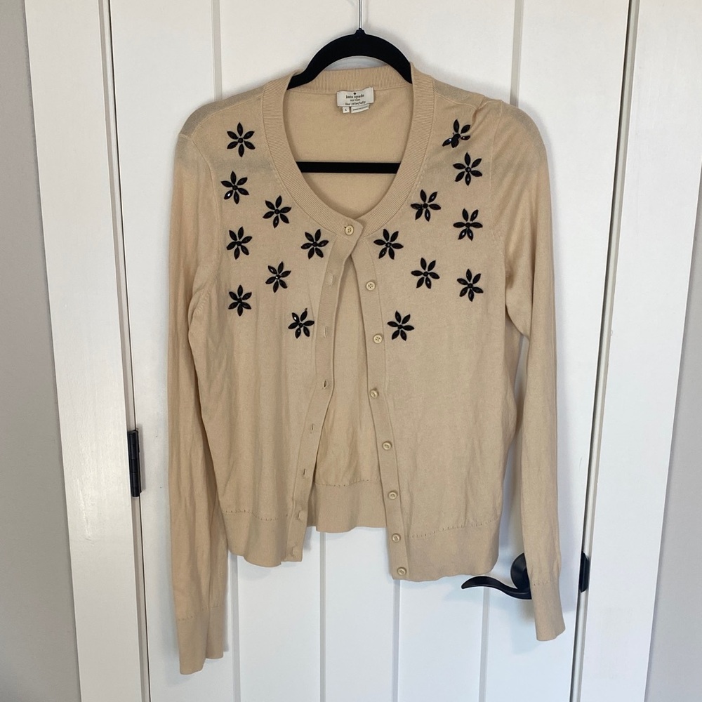 Kate Spade Cream Cardigan with Black Floral Accents